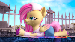 Size: 3840x2160 | Tagged: safe, artist:silkworm205, derpibooru import, part of a set, fluttershy, pegasus, g4, '90s, 3d, 90s grunge fluttershy, alternate hairstyle, bandaid, bandaid on nose, cap, clothes, colored eyebrows, colored hooves, colored wings, colored wingtips, download at source, downloadable, fluffy tail, folded wings, gameloft, hat, lying down, my little pony: magic princess, prone, revamped ponies, shirt, skirt, solo, source filmmaker, source filmmaker resource, sploot, surfboard, surfing, swimming pool, tail, unshorn fetlocks, water, wings