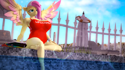 Size: 3840x2160 | Tagged: safe, artist:silkworm205, derpibooru import, part of a set, fluttershy, anthro, pegasus, plantigrade anthro, g4, '90s, 3d, 90s grunge fluttershy, alternate hairstyle, bandaid, big breasts, breasts, cap, clothes, colored eyebrows, colored wings, colored wingtips, download at source, downloadable, feet, fluffy tail, gameloft, hat, hootershy, lifeguard, lifeguard fluttershy, my little pony: magic princess, outdoors, relaxing, revamped anthros, revamped ponies, sitting, solo, source filmmaker, source filmmaker resource, spread wings, surfboard, swimming pool, swimsuit, tail, water, wings