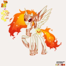 Size: 1600x1600 | Tagged: safe, artist:artsypaws, derpibooru exclusive, derpibooru import, daybreaker, oc, oc:blaze inferno, alicorn, earth pony, pony, armor, commission, concave belly, cutie mark, design, evil grin, fire, fusion, grin, helmet, hoof shoes, horn, jewelry, peytral, photo, princess shoes, regalia, ring, slender, smiling, spread wings, tall, thin, wings