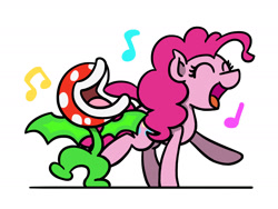 Size: 1800x1350 | Tagged: safe, artist:flutterluv, derpibooru import, pinkie pie, earth pony, pony, g4, crossover, duo, eyes closed, music notes, piranha plant, piranha plants on parade, simple background, singing, smiling, super mario bros., super mario bros. wonder, white background