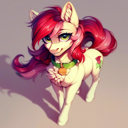 Size: 1024x1024 | Tagged: safe, ai content, derpibooru import, generator:pony diffusion v6 xl, generator:stable diffusion, machine learning generated, roseluck, earth pony, pony, g4, chest fluff, collar, cute, ear fluff, ears, fluffy, looking at you, pet tag, pony pet, prompter:doom9454, rosepet, standing