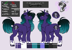 Size: 5600x3900 | Tagged: safe, artist:dejji_vuu, derpibooru import, oc, oc only, oc:shade, earth pony, pony, black eyeshadow, chest fluff, coat markings, color palette, colored eartips, colored hooves, ear fluff, ear piercing, earring, ears, earth pony oc, eyeshadow, female, gradient mane, gradient tail, jewelry, kanji, leg fluff, makeup, mare, piercing, purple eyes, reference sheet, shoulder fluff, socks (coat marking), solo, standing, tail, translated in the comments, unshorn fetlocks
