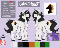 Size: 4900x3900 | Tagged: safe, artist:dejji_vuu, derpibooru import, oc, oc only, oc:charred knight, pony, unicorn, chest fluff, chin fluff, color palette, colored hooves, curved horn, ear fluff, ears, green eyes, horn, male, reference sheet, silhouette, solo, stallion, standing, unshorn fetlocks