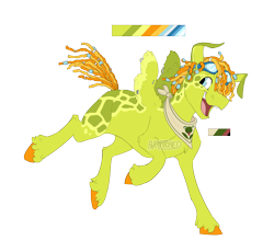 Size: 3226x2963 | Tagged: safe, artist:parrpitched, derpibooru import, oc, oc only, pegasus, pony, adoptable, coat markings, color palette, dreadlocks, goggles, goggles on head, magical lesbian spawn, neckerchief, offspring, open mouth, open smile, parent:fluttershy, parent:tree hugger, parents:flutterhugger, result, simple background, smiling, solo, transparent background