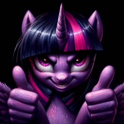 Size: 1024x1024 | Tagged: safe, ai content, derpibooru import, generator:bing image creator, generator:dall-e 3, machine learning generated, twilight sparkle, twilight sparkle (alicorn), alicorn, anthro, pony, g4, black background, evil grin, female, grin, mare, prompter:enterusxrname, simple background, smiling, solo, spread wings, suddenly hands, thumbs up, wings