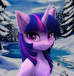 Size: 3186x3260 | Tagged: safe, artist:empress-twilight, derpibooru import, twilight sparkle, twilight sparkle (alicorn), alicorn, pony, g4, chest fluff, cute, ear fluff, ears, female, horn, ice, looking at you, mare, nature, outdoors, river, smiling, smiling at you, snow, solo, tree, twiabetes, water, winter