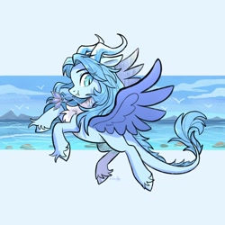 Size: 2048x2048 | Tagged: dead source, safe, artist:raindrophalo, derpibooru import, oc, oc only, bird, dracony, dragon, hybrid, pony, chest fluff, coat markings, colored wings, cyan eyes, eye clipping through hair, fangs, jewelry, leonine tail, light blue background, necklace, ocean, pale belly, signature, simple background, slit eyes, smiling, socks (coat marking), solo, spread wings, tail, unshorn fetlocks, water, wings