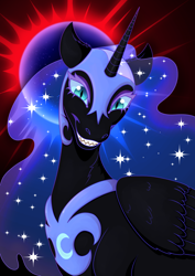 Size: 1614x2282 | Tagged: safe, artist:nomnomgator, derpibooru import, nightmare moon, alicorn, pony, g4, antagonist, blue eyes, blue mane, blushing, bust, colored pupils, crown, curved horn, cute, digital art, ethereal mane, eyelashes, eyeshadow, fangs, feather, female, flowing mane, glowing, glowing horn, happy, high res, hoof shoes, horn, jewelry, lidded eyes, looking at you, makeup, mare, moon, moonlight, neck fluff, peytral, portrait, raised hooves, regalia, signature, simple background, smiling, smiling at you, solo, sparkles, spread wings, starry mane, stars, teeth, villainess, wings