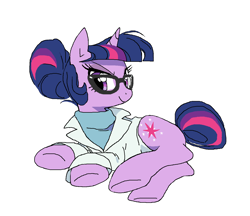 Size: 1394x1202 | Tagged: safe, artist:cheesesauce_45, derpibooru import, sci-twi, twilight sparkle, pony, unicorn, equestria girls, g4, clothes, equestria girls ponified, female, hair bun, horn, lab coat, lidded eyes, looking at you, lying down, mare, multicolored hair, multicolored mane, narrowed eyes, ponified, purple coat, purple eyes, simple background, sitting, smiling, smiling at you, solo, species swap, sweater, tail, tail bun, unicorn horn, unicorn sci-twi, white background, wingding eyes