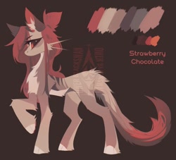 Size: 1280x1162 | Tagged: safe, artist:blcksswn, derpibooru import, oc, oc only, oc:strawberry chocolate, hybrid, pony, adoptable, ambiguous gender, big eyes, brown background, brown coat, chest fluff, cloven hooves, coat markings, color palette, colored ears, colored eyebrows, colored pinnae, concave belly, countershading, ear fluff, ears, eyebrows, eyebrows visible through hair, hybrid oc, leg fluff, long legs, multicolored tail, no mouth, paws, ponytail, profile, raised hoof, raised leg, red eyes, red mane, side view, simple background, slender, solo, tail, thin, two toned mane, watermark, whiskers, wingding eyes