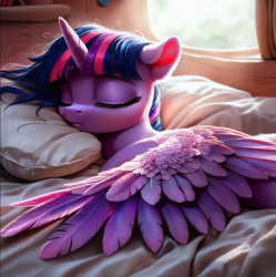 Size: 1061x1065 | Tagged: safe, ai content, derpibooru import, generator:stable diffusion, machine learning generated, twilight sparkle, twilight sparkle (alicorn), alicorn, pony, g4, bed, bed mane, bedroom, eyes closed, horn, lying down, pillow, prompter:mid day dreamer, sleeping, spread wings, window, wings