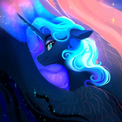 Size: 4096x4096 | Tagged: safe, artist:nettlemoth, derpibooru import, princess luna, alicorn, pony, g4, beautiful, blue eyes, blue mane, crepuscular rays, digital art, ear fluff, ears, ethereal mane, eyelashes, eyeshadow, feather, female, flowing mane, helmet, horn, lidded eyes, looking at you, looking back, makeup, mare, peytral, redraw, signature, sky, smiling, smiling at you, solo, sparkles, spread wings, starry mane, stars, sunlight, sunset, wings