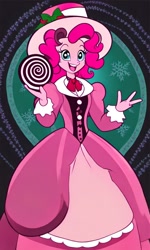 Size: 768x1280 | Tagged: safe, ai content, artist:cartoonmasterv3, derpibooru import, machine learning generated, pinkie pie, anthro, g4, caroling, solo, victorian