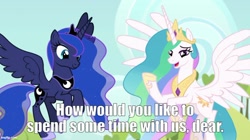 Size: 888x499 | Tagged: safe, derpibooru import, edit, edited screencap, screencap, princess celestia, princess luna, alicorn, pony, between dark and dawn, g4, bronybait, caption, concave belly, crown, duo, ethereal mane, ethereal tail, female, flying, hoof shoes, horn, image macro, imgflip, jewelry, long horn, long mane, peytral, princess shoes, regalia, royal sisters, siblings, sisters, spread wings, tail, talking to viewer, text, wings