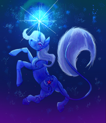 Size: 2048x2373 | Tagged: safe, artist:peachpaws0, derpibooru import, trixie, classical unicorn, unicorn, g4, horn, leonine tail, magic, magic bitch, queen of misfits, solo, song art, tail, unshorn fetlocks, vylet pony