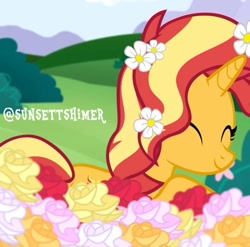 Size: 821x810 | Tagged: safe, derpibooru import, sunset shimmer, pony, g4, cute, female, flower, shimmerbetes, solo