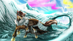 Size: 1600x900 | Tagged: safe, artist:oneiria-fylakas, derpibooru import, oc, oc:pyrite geobooks, pony, unicorn, aurora borealis, clothes, goggles, horn, male, snow, solo, stallion