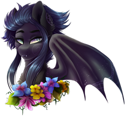 Size: 3905x3575 | Tagged: safe, artist:wallvie, derpibooru import, oc, oc:kama, bat pony, pony, bust, female, flower, mare, portrait, simple background, solo, transparent background