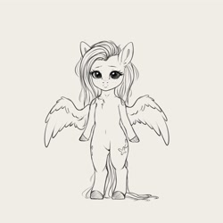 Size: 4000x4000 | Tagged: safe, artist:miokomata, derpibooru import, fluttershy, pegasus, semi-anthro, g4, :<, bipedal, chest fluff, freckles, freckleshy, grayscale, lineart, looking at you, monochrome, partially open wings, pouty lips, simple background, solo, white background, wings