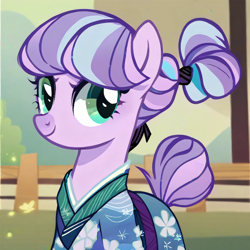 Size: 3072x3072 | Tagged: safe, ai content, derpibooru import, generator:purplesmart.ai, generator:stable diffusion, machine learning generated, kimono, earth pony, pony, g3, clothes, female, hair bun, kimono (clothing), looking at you, mare, namesake, pun, smiling, smiling at you, solo, tail, tail bun, visual pun