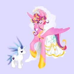 Size: 1024x1024 | Tagged: safe, artist:greecer20, derpibooru import, princess cadance, shining armor, alicorn, pony, unicorn, g4, clothes, dress, duo, duo male and female, female, height difference, hoof shoes, horn, horn ring, larger female, male, mare, meme, messy mane, princess shoes, purple background, raised hoof, raised leg, redraw, ring, shiningcadance, shipping, signature, simple background, size difference, smaller male, stallion, straight, tail, the bride and the ugly ass groom, veil, wedding dress, wedding veil, wings