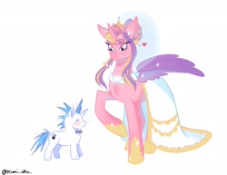 Size: 2048x1583 | Tagged: safe, artist:kimiokura, derpibooru import, princess cadance, shining armor, alicorn, pony, unicorn, g4, :3, alternate hairstyle, blushing, bowtie, clothes, dot eyes, dress, duo, duo male and female, female, floating heart, heart, height difference, hoof shoes, horn, larger female, looking down, male, mare, messy mane, princess shoes, raised hoof, raised leg, redraw, shiningcadance, shipping, simple background, size difference, smaller male, sparkles, spread wings, stallion, straight, tail, the bride and the ugly ass groom, toy interpretation, unshorn fetlocks, veil, wedding dress, wedding veil, white background, wings