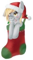 Size: 479x848 | Tagged: safe, artist:owlgizzards, derpibooru import, derpy hooves, g4, candy, candy cane, christmas, christmas stocking, food, hat, holiday, santa hat, simple background, solo, white background