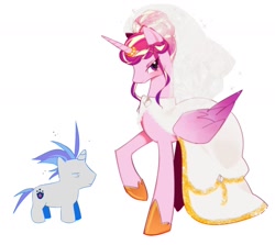 Size: 1698x1514 | Tagged: safe, artist:firemauer, derpibooru import, princess cadance, shining armor, alicorn, pony, unicorn, g4, alternate hairstyle, bags under eyes, blushing, clothes, dress, duo, duo male and female, female, height difference, hoof shoes, horn, horn ring, larger female, lidded eyes, male, mare, messy mane, princess shoes, raised hoof, raised leg, redraw, ring, shiningcadance, shipping, simple background, size difference, smaller male, sparkles, stallion, straight, tail, the bride and the ugly ass groom, toy interpretation, veil, wedding dress, wedding veil, white background, wings