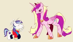 Size: 1582x924 | Tagged: safe, artist:firemauer, derpibooru import, princess cadance, shining armor, alicorn, pony, unicorn, g4, blushing, clothes, duo, duo male and female, female, fierce, folded wings, height difference, hoof shoes, horn, injured, jewelry, larger female, lidded eyes, male, mare, messy mane, messy tail, peytral, princess shoes, redraw, regalia, role reversal, shiningcadance, shipping, simple background, size difference, smaller male, smiling, sparkles, stallion, straight, tail, tan background, the bride and the ugly ass groom, the groom and the ugly ass bride, uniform, wings