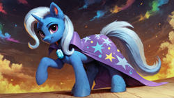 Size: 1920x1080 | Tagged: source needed, useless source url, safe, ai content, derpibooru import, generator:purplesmart.ai, generator:stable diffusion, machine learning generated, trixie, pony, unicorn, g4, cape, clothes, cloud, female, horn, looking at you, mare, prompter needed, smiling, solo, trixie's cape, unshorn fetlocks