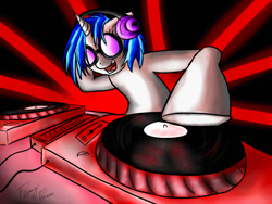 Size: 1000x750 | Tagged: safe, artist:miokomata, derpibooru import, dj pon-3, vinyl scratch, semi-anthro, unicorn, g4, headphones, horn, no neck, turntable