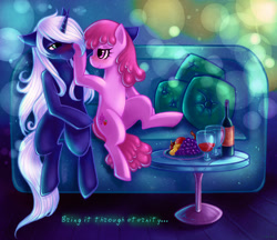 Size: 1076x930 | Tagged: safe, artist:limreiart, derpibooru import, berry punch, berryshine, oc, earth pony, pony, unicorn, g4, alcohol, belly, blushing, duo, female, food, fruit, grapes, horn, human shoulders, male, mare, sofa, stallion, wine