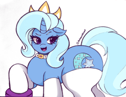 Size: 2048x1585 | Tagged: safe, artist:artmorheart, derpibooru import, trixie, pony, unicorn, g4, adorasexy, butt, clothes, crown, cute, horn, jewelry, large butt, necklace, purple eyes, regalia, sexy, simple background, stockings, thigh highs, thighs, thunder thighs, white background, wide hips