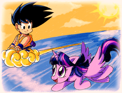 Size: 2390x1815 | Tagged: artist needed, safe, derpibooru import, twilight sparkle, twilight sparkle (alicorn), alicorn, pony, g4, 2024, akira toriyama, dragon ball, female, flying, horn, kinto'un, looking at each other, looking at someone, mare, nyoi-bo, open mouth, open smile, outdoors, rest in peace, sitting, smiling, son goku, spread wings, sun, tail, tribute, water, windswept hair, wings