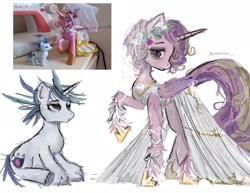 Size: 2048x1580 | Tagged: safe, artist:yashinoki____, derpibooru import, princess cadance, shining armor, alicorn, pony, unicorn, g4, 2024, alternate hairstyle, clothes, concave belly, dress, female, flower, flower in hair, folded wings, height difference, hoof shoes, horn, jewelry, larger female, lidded eyes, long tail, male, mare, messy mane, necklace, photo reference, physique difference, princess shoes, raised hoof, raised leg, redraw, shiningcadance, shipping, signature, simple background, sitting, size difference, slender, smaller male, stallion, straight, tail, tall, the bride and the ugly ass groom, thin, toy interpretation, unshorn fetlocks, veil, wedding dress, wedding veil, white background, wings