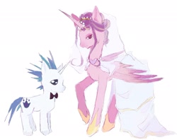 Size: 2048x1625 | Tagged: safe, artist:blue_riajii, derpibooru import, princess cadance, shining armor, alicorn, pony, unicorn, g4, 2024, alternate hairstyle, bowtie, clothes, dress, duo, duo male and female, female, folded wings, height difference, hoof shoes, horn, horn jewelry, jewelry, larger female, lidded eyes, male, mare, messy mane, messy tail, physique difference, princess shoes, raised hoof, raised leg, redraw, shiningcadance, shipping, simple background, size difference, slender, smaller male, stallion, straight, tail, tall, the bride and the ugly ass groom, thin, toy interpretation, unshorn fetlocks, veil, wedding dress, wedding veil, white background, wings