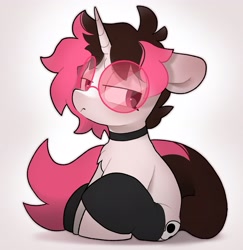 Size: 2923x3009 | Tagged: safe, artist:mochi_nation, derpibooru import, oc, oc only, pony, unicorn, choker, commission, ears, floppy ears, horn, lidded eyes, sitting, solo