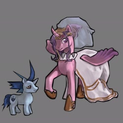 Size: 2048x2048 | Tagged: safe, artist:mephistuff, derpibooru import, princess cadance, shining armor, alicorn, pony, unicorn, g4, 2024, alternate hairstyle, clothes, dress, duo, duo male and female, female, gray background, height difference, hoof shoes, horn, horn ring, larger female, male, mare, messy mane, princess shoes, raised hoof, raised leg, redraw, ring, shiningcadance, shipping, simple background, size difference, smaller male, smiling, stallion, straight, tail, the bride and the ugly ass groom, toy interpretation, veil, wedding dress, wedding veil, wings