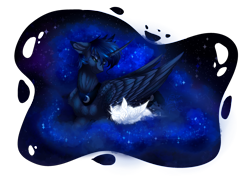Size: 3500x2500 | Tagged: safe, artist:starmoonlightfox, derpibooru import, princess luna, oc, alicorn, pony, g4, beautiful, blue eyes, blue mane, blue tail, commission, digital art, duo, duo female, ethereal mane, ethereal tail, eyeshadow, feather, female, filly, flowing mane, flowing tail, foal, folded wings, frown, high res, hoof shoes, horn, lonely, looking down, lying down, makeup, mare, moon, night, sad, simple background, sleeping, solo, sparkles, starry mane, starry tail, stars, tail, transparent background, unamused, wings