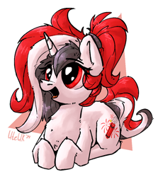 Size: 806x902 | Tagged: safe, artist:uteuk, derpibooru import, oc, oc only, oc:red rocket, unicorn, cutie mark, happy, horn, lying down, ponyloaf, prone, simple background, solo, white background