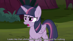 Size: 1280x720 | Tagged: safe, derpibooru import, edit, edited screencap, editor:jaredking779, screencap, mean twilight sparkle, alicorn, pony, g4, season 8, the mean 6, caption, clone, female, folded wings, mare, open mouth, solo, text, wings