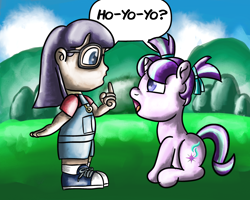 Size: 3000x2400 | Tagged: safe, artist:saburodaimando, derpibooru import, starlight glimmer, human, pony, robot, unicorn, g4, akira toriyama, anime, clothes, crossover, dialogue, dr. slump, duo, duo female, female, filly, filly starlight glimmer, foal, glasses, gynoid, high res, horn, looking at each other, looking at someone, norimaki arale, open mouth, overall shorts, pigtails, raised finger, rest in peace, shirt, shoes, sitting, sneakers, socks, speech bubble, standing, tribute, younger
