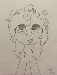 Size: 2793x3700 | Tagged: safe, artist:hardrock, derpibooru import, oc, oc only, oc:kate, pony, unicorn, horn, looking up, magic, open mouth, solo, traditional art