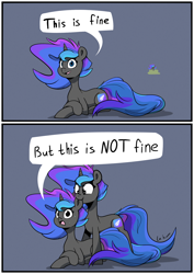 Size: 1240x1754 | Tagged: safe, artist:la hum, derpibooru import, oc, oc only, pony, unicorn, 2 panel comic, biting, comic, duo, ear bite, female, horn, lying down, nervous sweat, oc name needed, open mouth, open smile, prone, self paradox, self ponidox, smiling, speech bubble, this is fine, this is not fine