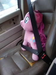 Size: 3120x4160 | Tagged: safe, derpibooru import, photographer:silk-rose, pinkie pie, pony, car interior, cover, cover art, cute, irl, photo, photography, plushie, pony plushie, safety, seat, seatbelt