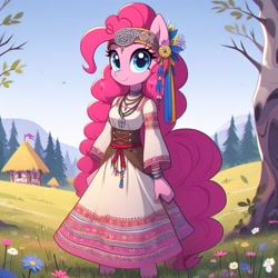 Size: 1024x1024 | Tagged: safe, ai content, derpibooru import, machine learning generated, pinkie pie, anthro, earth pony, unguligrade anthro, g4, clothes, cyrillic, dress, flower, flower in hair, headband, jewelry, necklace, russian, slavic, solo