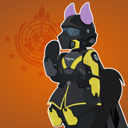 Size: 2086x2080 | Tagged: safe, artist:isaac_pony, derpibooru import, oc, oc only, earth pony, pony, semi-anthro, armor, crossover, game, helldivers, helldivers 2, helmet, orange background, simple background, skull, tail