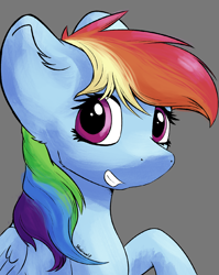 Size: 1640x2061 | Tagged: safe, artist:shaliwolf, derpibooru import, rainbow dash, pegasus, g4, bust, gray background, grin, looking at you, portrait, simple background, smiling, solo