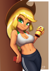 Size: 706x1000 | Tagged: safe, artist:the-park, derpibooru import, applejack, human, equestria girls, g4, applerack, belly button, breasts, brown background, cellphone, cleavage, clothes, cowboy hat, hat, leaning, leggings, looking at you, midriff, mug, phone, simple background, solo, tanktop, tumblr, workout outfit