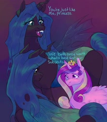Size: 1500x1700 | Tagged: safe, artist:abbytabbys, derpibooru import, princess cadance, queen chrysalis, alicorn, changeling, changeling queen, pony, g4, black coat, blue sclera, blue text, carapace, colored sclera, crown, dialogue, duality, duo, duo female, eye clipping through hair, eyebrows, eyebrows visible through hair, fangs, female, folded wings, frown, gradient background, green eyes, horn, infidelity, insect wings, jewelry, lesbian, lidded eyes, mare, multicolored mane, narrowed eyes, open mouth, open smile, pink coat, purple eyes, regalia, sharp teeth, shiny mane, shiny tail, ship:cadalis, shipping, smiling, straight mane, talking, teal mane, teal tail, teeth, tiara, unicorn horn, wavy mane, wing fluff, wingding eyes, wings